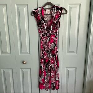 La Belle Y2K Mod Midi Dress Small Deep V-Neck Wide Strap Sleeveless Ruched Retro